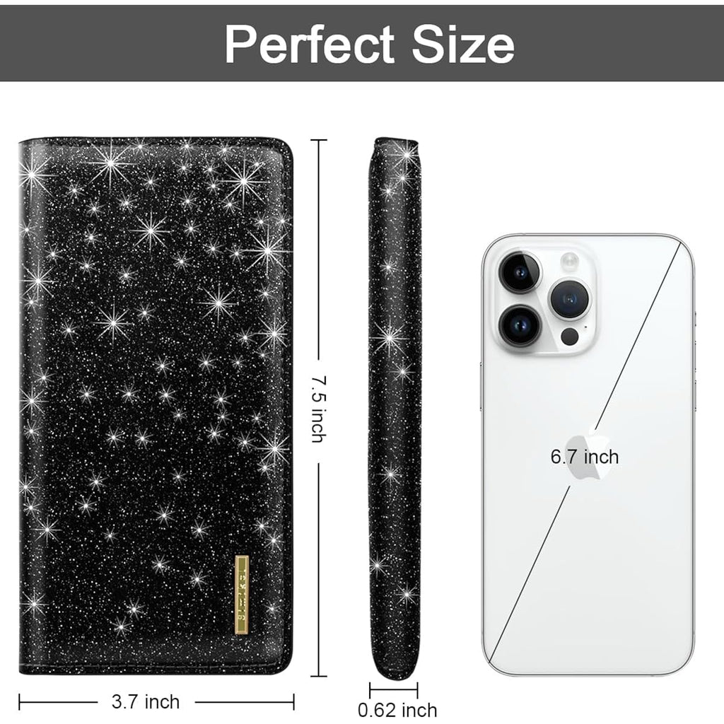 Ultra Slim Womens Wallet Minimalist Thin Long Leather Bifold Wallet RFID Blocking Card Holder Organizer with Zipper Coin Pocket Ladies Girls Gift Purse, Glitter Black