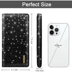 Ultra Slim Womens Wallet Minimalist Thin Long Leather Bifold Wallet RFID Blocking Card Holder Organizer with Zipper Coin Pocket Ladies Girls Gift Purse, Glitter Black