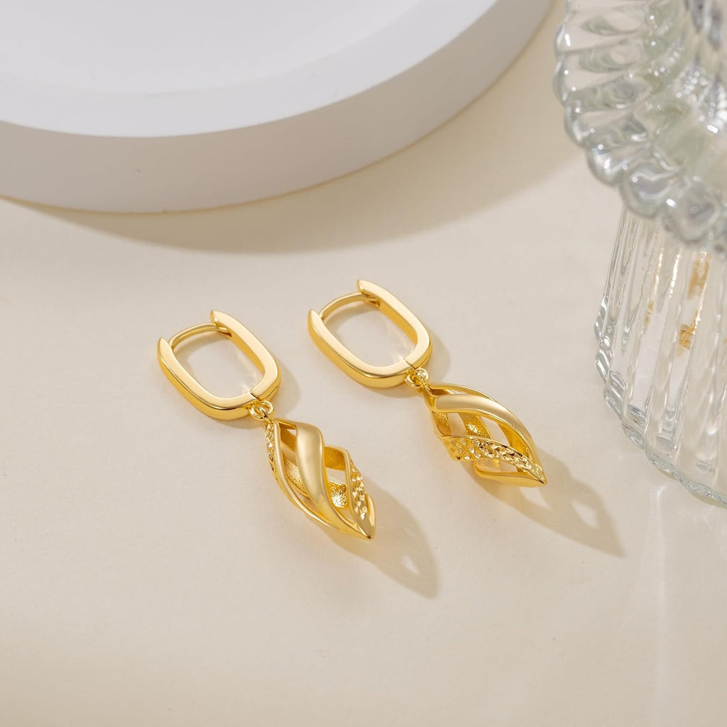 Gold Hoop Earrings 14K Gold Hoop Earrings for Women Dangle Drop Earring for Women Rhombic Twisted Hollow Shape Drop Earring for Womens Dangling 40mm