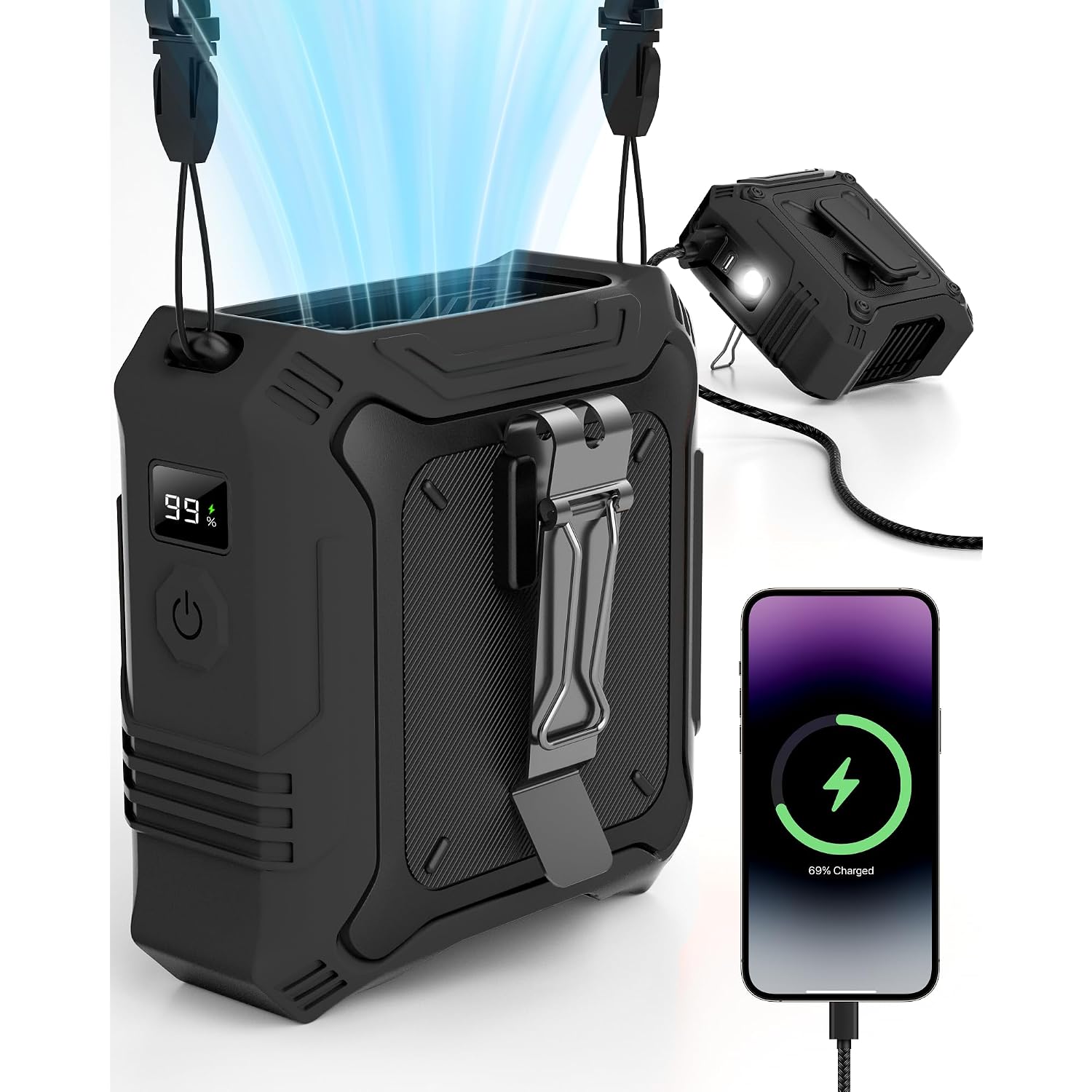 Tunise Portable Fan With 5-Speed Settings, Dual-Sided Clip On Wearable Belt Waist Fan For 8000Mah, 2 Settings Including Flashlight,Travel Essential For Outdoor Camping As Power Bank