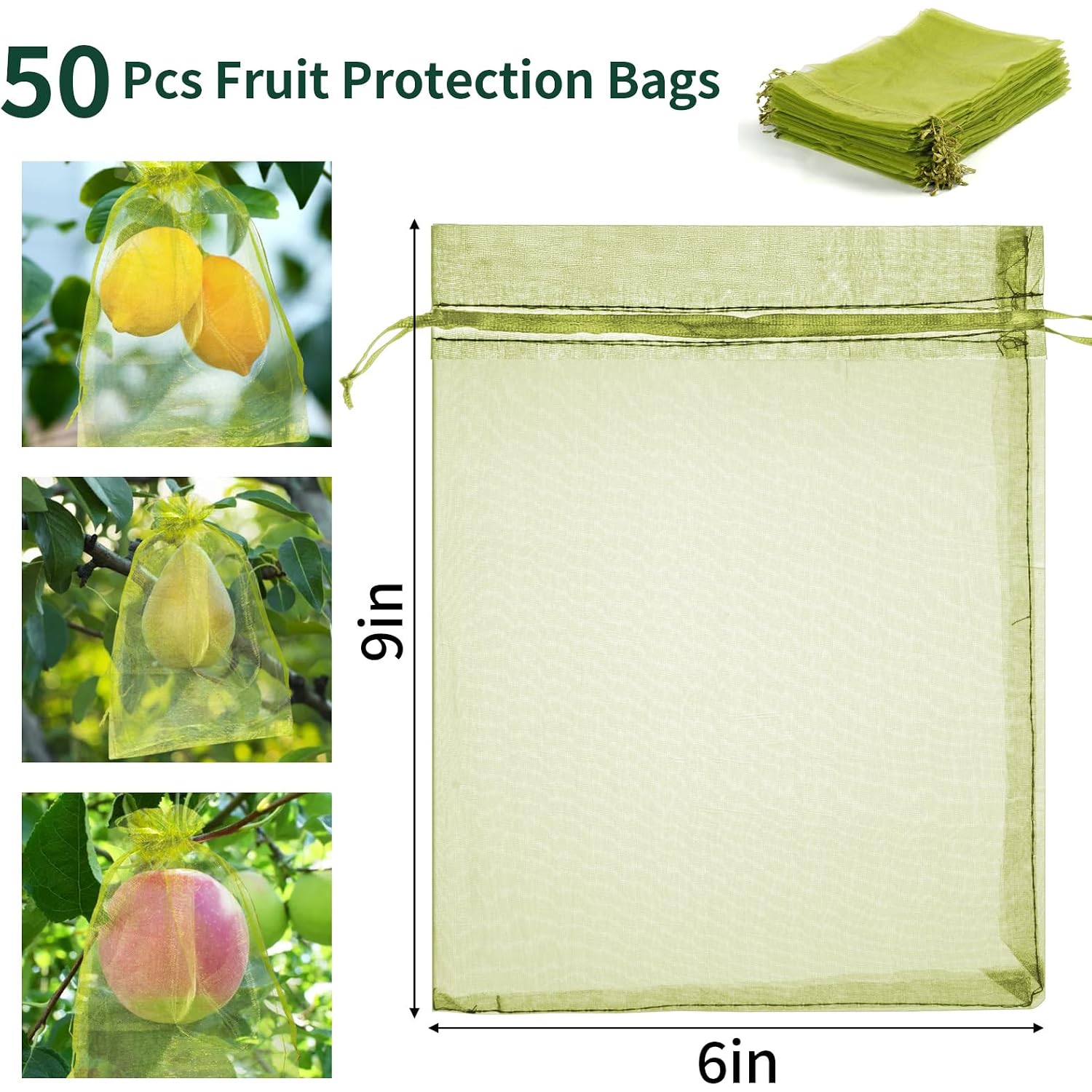 Niubier 50 Pcs Fruit Protection Bags, 6×9 In Green Fruit Nets For Fruit Tree, Drawstring Mesh Cover Bags To Protect Vegetables Tomato Strawberry Garden