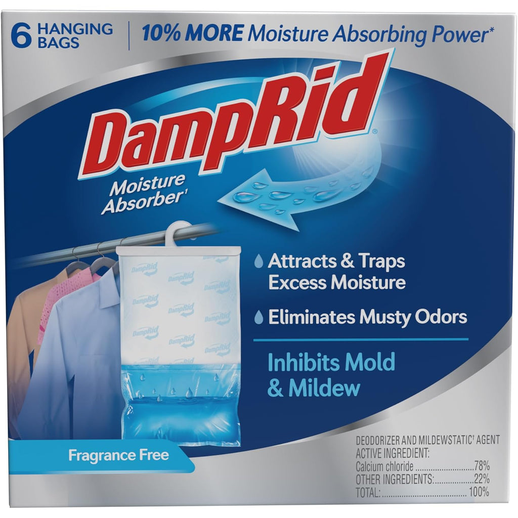 Damprid Fragrance Free Hanging Moisture Absorber, 15.4 Oz., 6 Pack - Eliminates Musty Odors For Fresher Air, Ideal Moisture Absorbers For Closet, 10% More Moisture Absorbing Power*