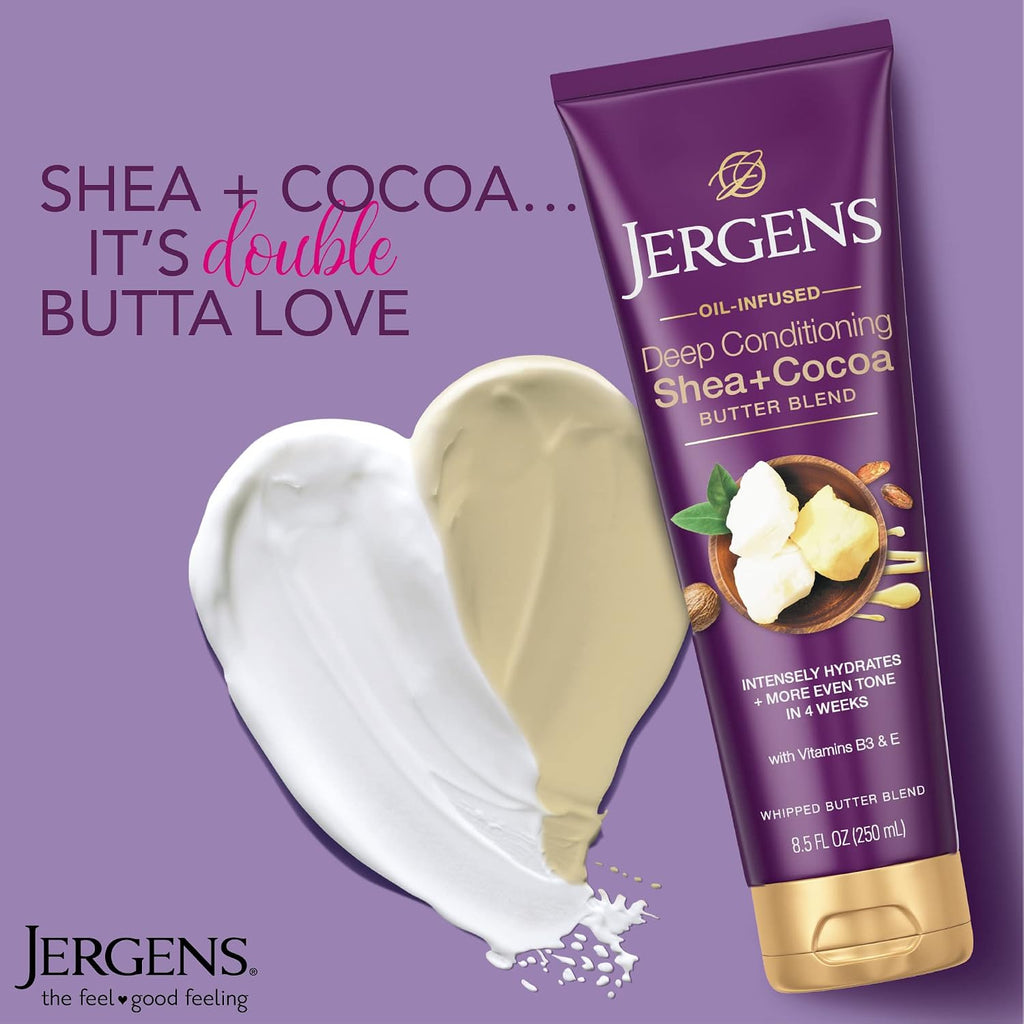 Jergens Shea And Cocoa Hand And Body Lotion For Dry To Extremely Dry Skin, Whipped Body Butter With Vitamins E & B3, Hydrates & Evens Skin Tone, 8.5 Oz