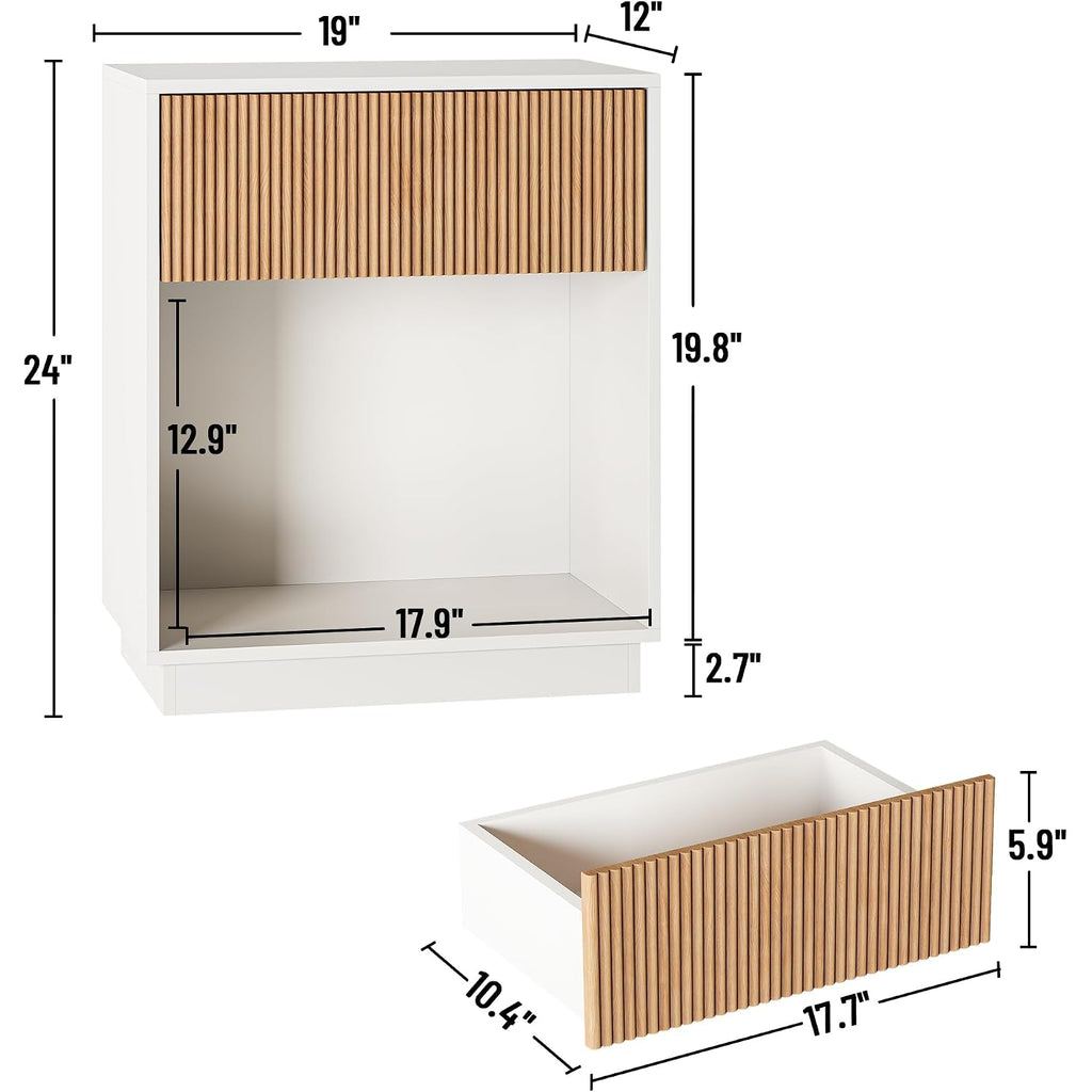 Fluted Nightstands Set Of 2, Modern Bedside Table With Drawer And Storage Shelf, Wood End Table Mid Century Night Stands For Bedroom Living Room Sofa Couch Office (White+Oak)