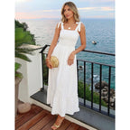 Zesica Women'S 2026 Summer Boho Spaghetti Strap Square Neck Solid Color Ruffle A Line Beach Long Maxi Dress