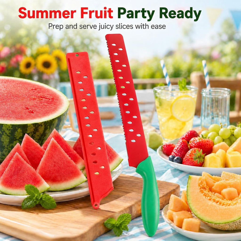Watermelon Knife With Sleeve For Melon Cutting, Long Serrated Bread Lettuce Vegetable Knife, Kitchen Fruit Melon Tomato Cutter Slicer, With Cover For Home Summer Party Camping Outdoor (Red Green)