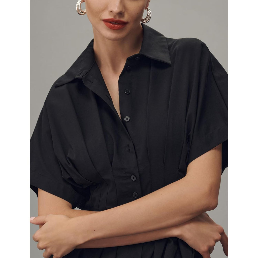 Yeokou Shirt Dress For Women Summer Casual Short Sleeve Button Down Loose Pleated Maxi Sundress With Pockets
