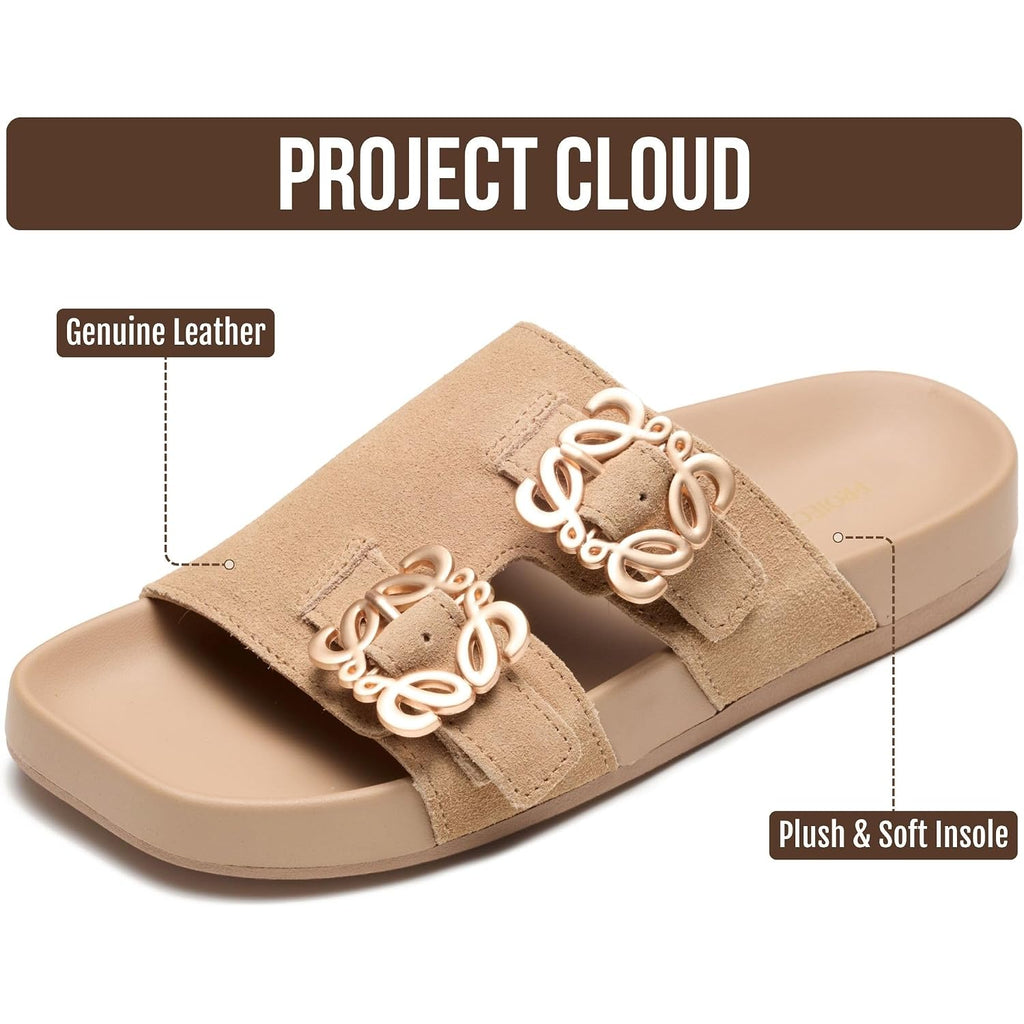 Project Cloud 100% Genuine Leather Womens Sandals Dressy - Lightweight & Non-Slip Women'S Flats Sandals Women With Plush & Soft Insole Slides Sandals For Women 2026 (Velora)