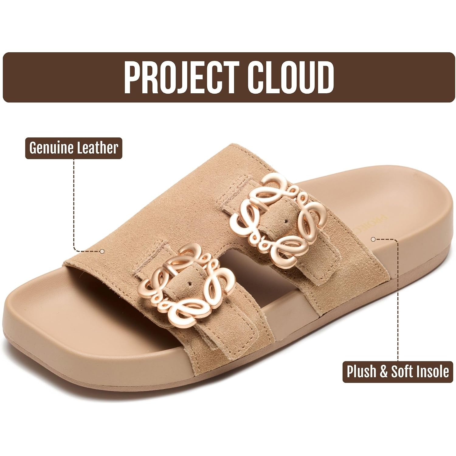 Project Cloud 100% Genuine Leather Womens Sandals Dressy - Lightweight & Non-Slip Women'S Flats Sandals Women With Plush & Soft Insole Slides Sandals For Women 2026 (Velora)