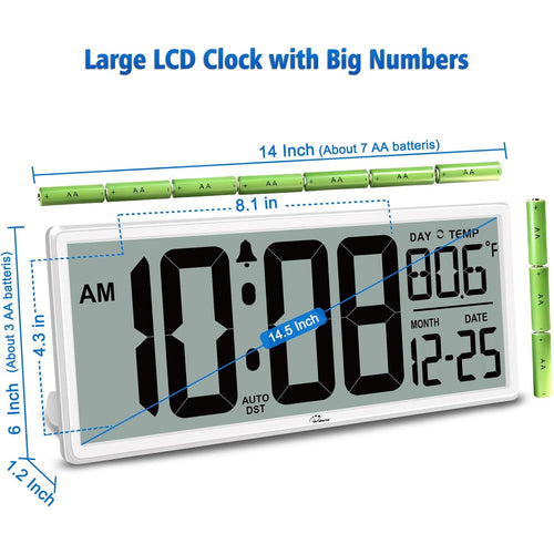 14.5'' Large Digital Wall Clock Battery Operated With Jumbo Numbers, Temperature And Date - Easy To Read And Set, Auto Dst