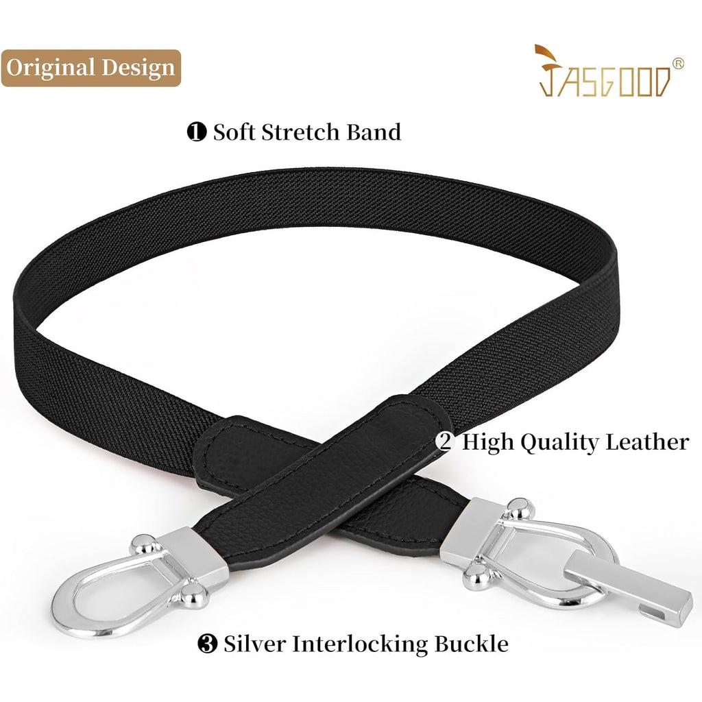 JASGOOD Women Skinny Elastic Belt for Dresses,Thin Retro Stretch Waist Belt with Golden Buckle