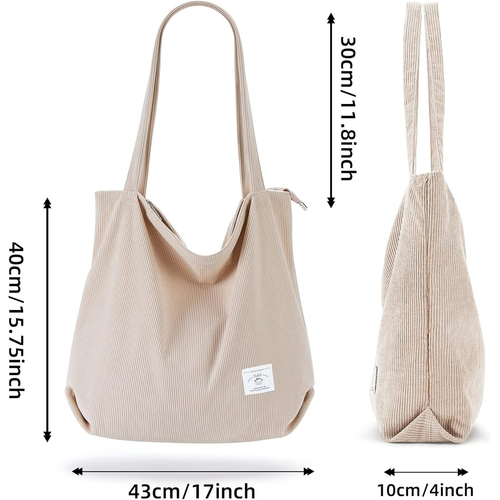KALIDI Women Corduroy Tote Bag Zipper Casual Tote's Handbag Big Capacity Shoulder Bag with Pockets