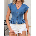 Tankaneo Womens V Neck Denim Vests Tops Trendy Summer Casual Button Down Y2K Fitted Pleated Sleeveless Jean Tops