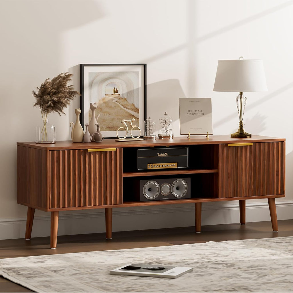 Tv Stand With Fluted Doors For Tvs Up To 65", Mid-Century, Walnut | 54.3"W X 15.3"D X 19.6"H, 150 Lbs Capacity, 2 Fluted Door Cabinets & 2 Adjustable Shelves, Cable Holes, 5 Tapered Legs