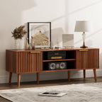 Tv Stand With Fluted Doors For Tvs Up To 65", Mid-Century, Walnut | 54.3"W X 15.3"D X 19.6"H, 150 Lbs Capacity, 2 Fluted Door Cabinets & 2 Adjustable Shelves, Cable Holes, 5 Tapered Legs
