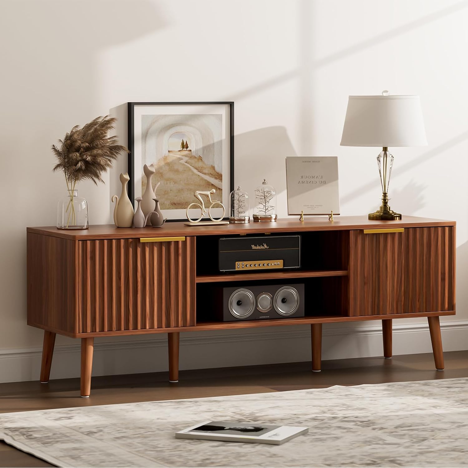 Tv Stand With Fluted Doors For Tvs Up To 65", Mid-Century, Walnut | 54.3"W X 15.3"D X 19.6"H, 150 Lbs Capacity, 2 Fluted Door Cabinets & 2 Adjustable Shelves, Cable Holes, 5 Tapered Legs