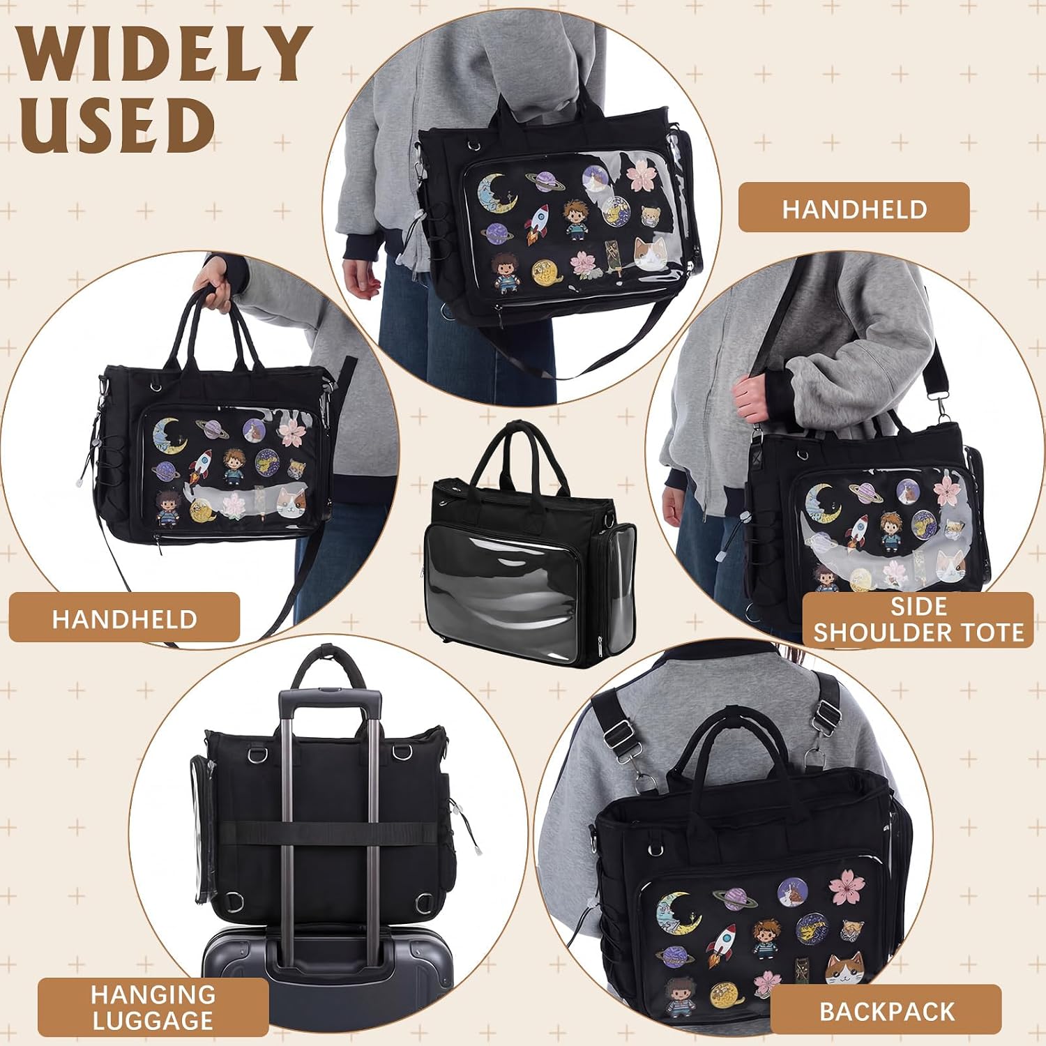 Large Ita Backpack Shoulder Tote Bag Crossbody Handbags Kawaii Black Ita Purse With Clear Pvc Insert For Pin Display Kpop Fan Anime (Pins Not Included)