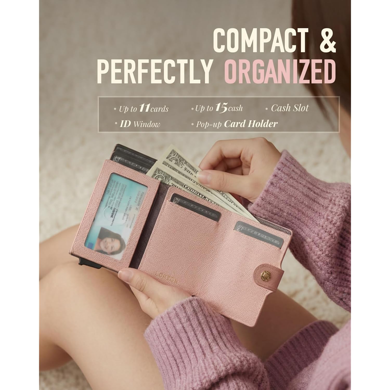 Women Wallet RFID Blocking Wallet for Women, Slim Small Size, Full Grain Leather, Pop up Credit Card Holder, Trifold, Minimalist, Pink Saffiano 9-11 Cards Capacity ID Window Cash Pocket,Gift for Her
