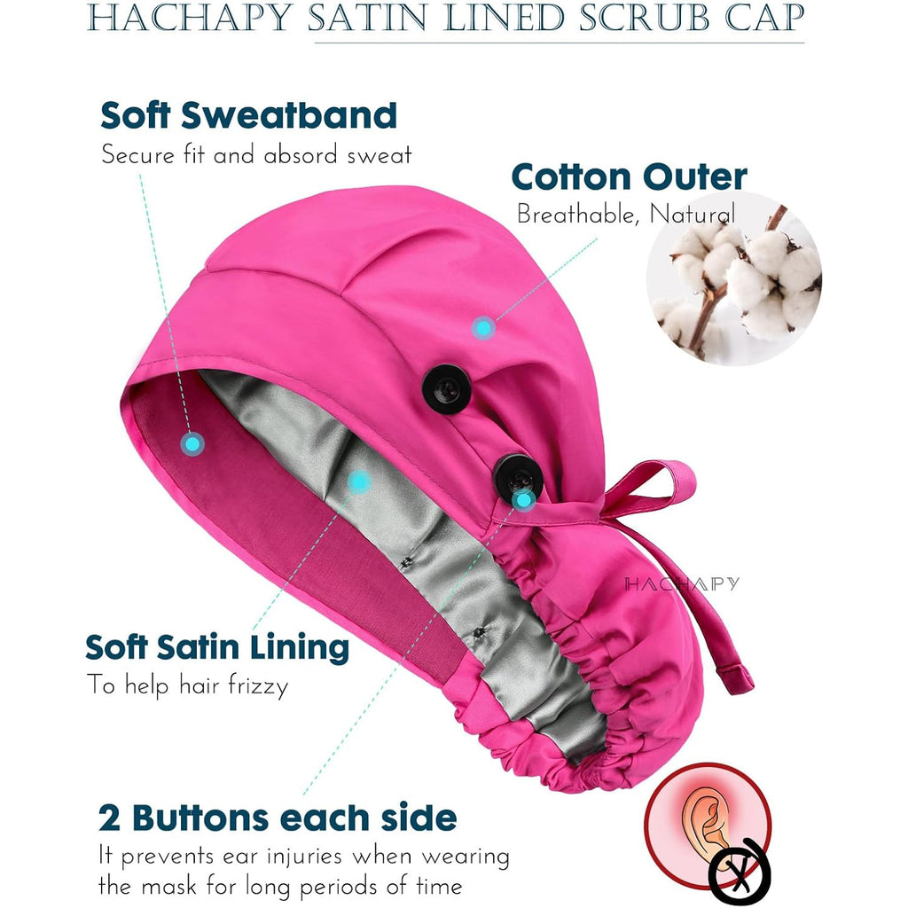 Satin Lined Scrub Cap For Women Ponytail Hair Surgical Nurse Cap 4 Buttons