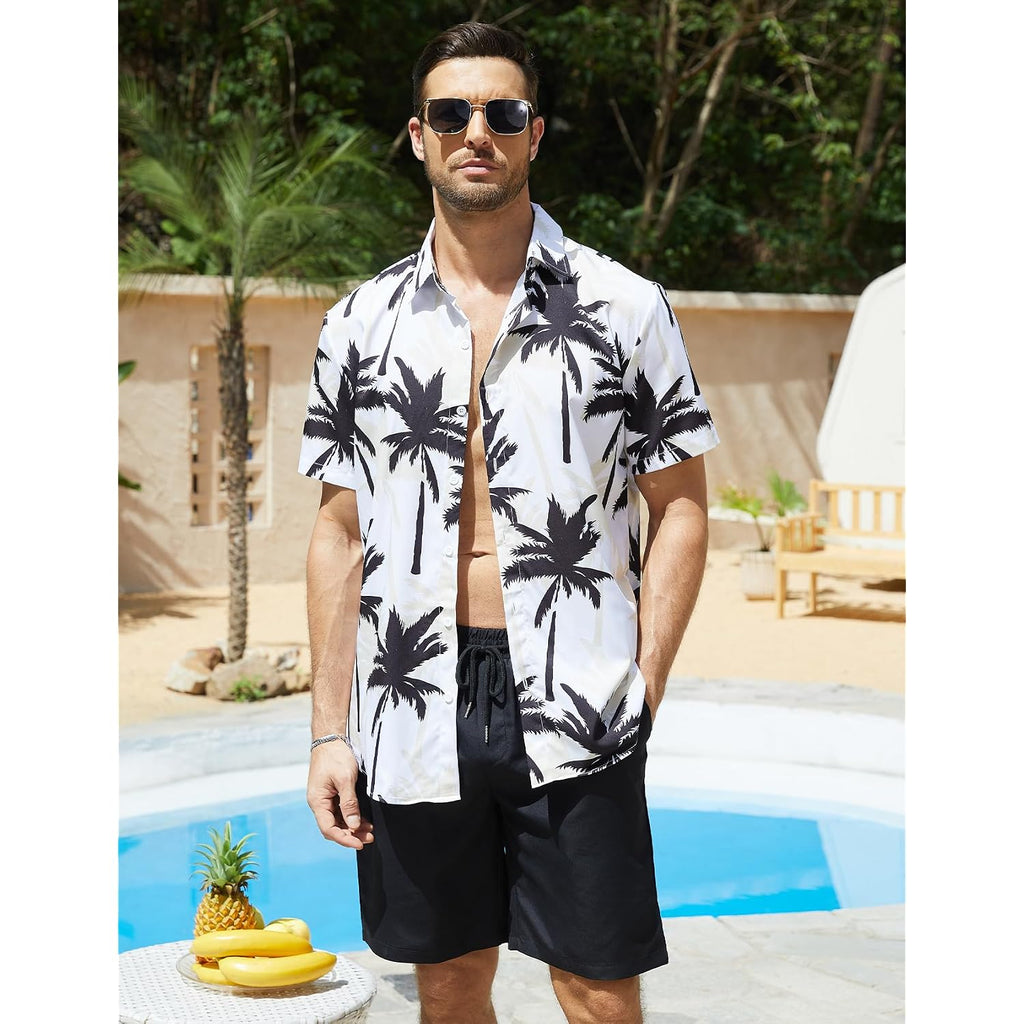 Yimoon Men'S Summer 2 Piece Outfits Tropical Print Short Sleeve Button Down Hawaiian Beach Shirt And Shorts Set