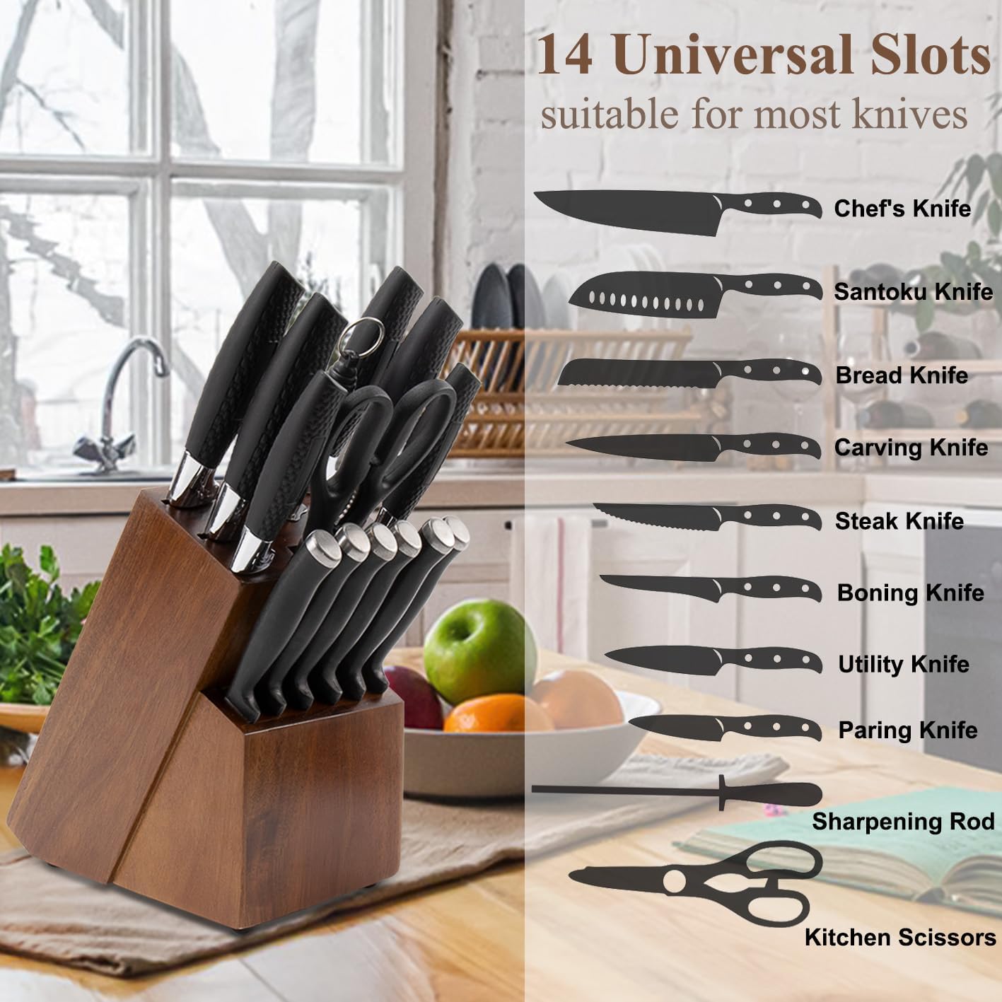 Universal Knife Block Without Knives - 14 Slot Wooden Knife Holder For Countertop, Large Bamboo Knife Storage Organizer, Butcher Block Knife Stand For Kitchen (Brown)