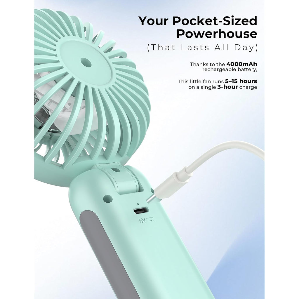 Handheld Misting Fan Portable, Small Personal Rechargeable Cooling Mister Fan Water Spray Mist, 3-Speed, 5-15 Hrs Runtime, 4000Mah Battery Operated For Travel Indoor Outdoor Hand Desk (Blue)