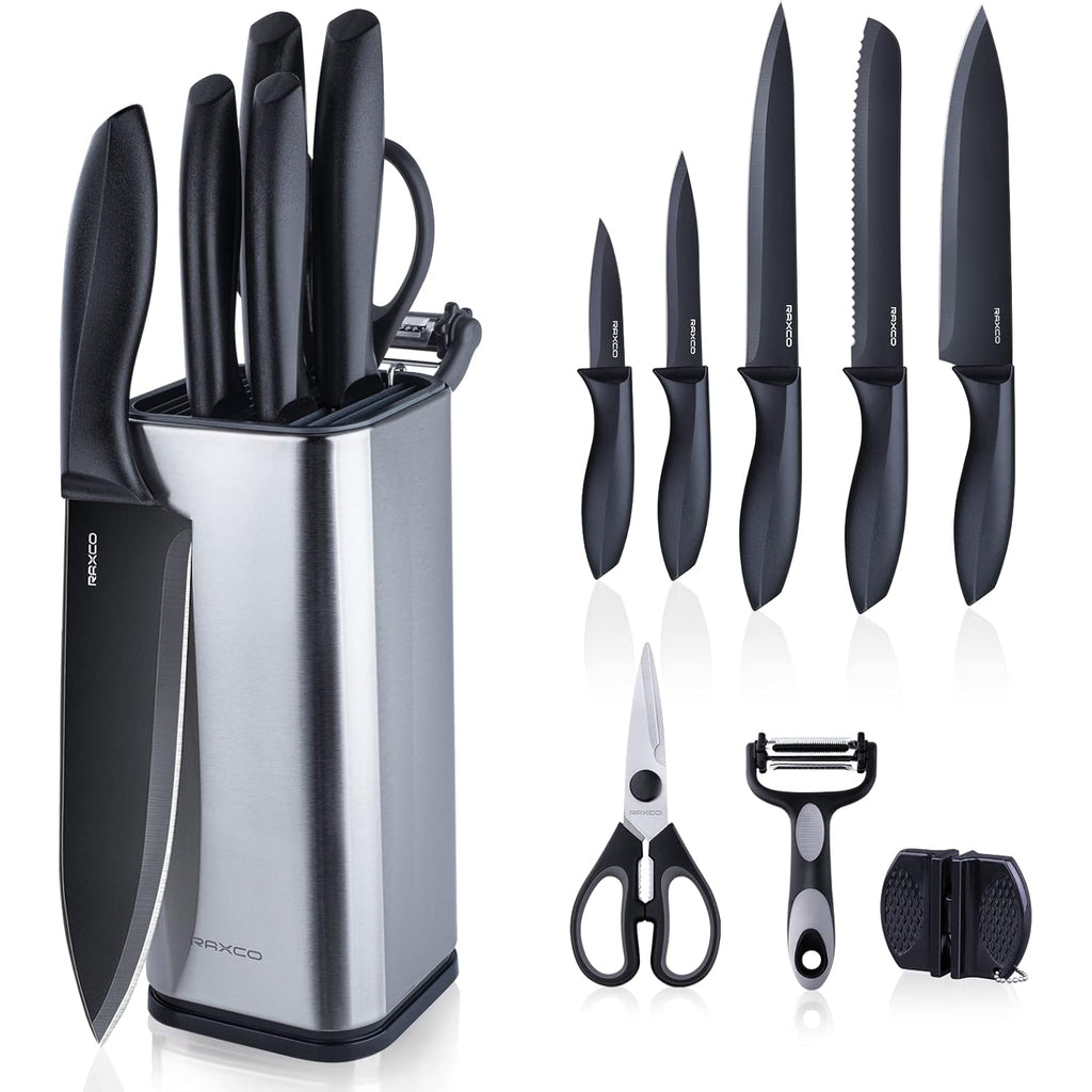 RAXCO Knife Set with Block,10-Piece Kitchen Knives Stainless Steel,Pro-sharpened for Cooking,Slicing,Mincing,Dicing,Black