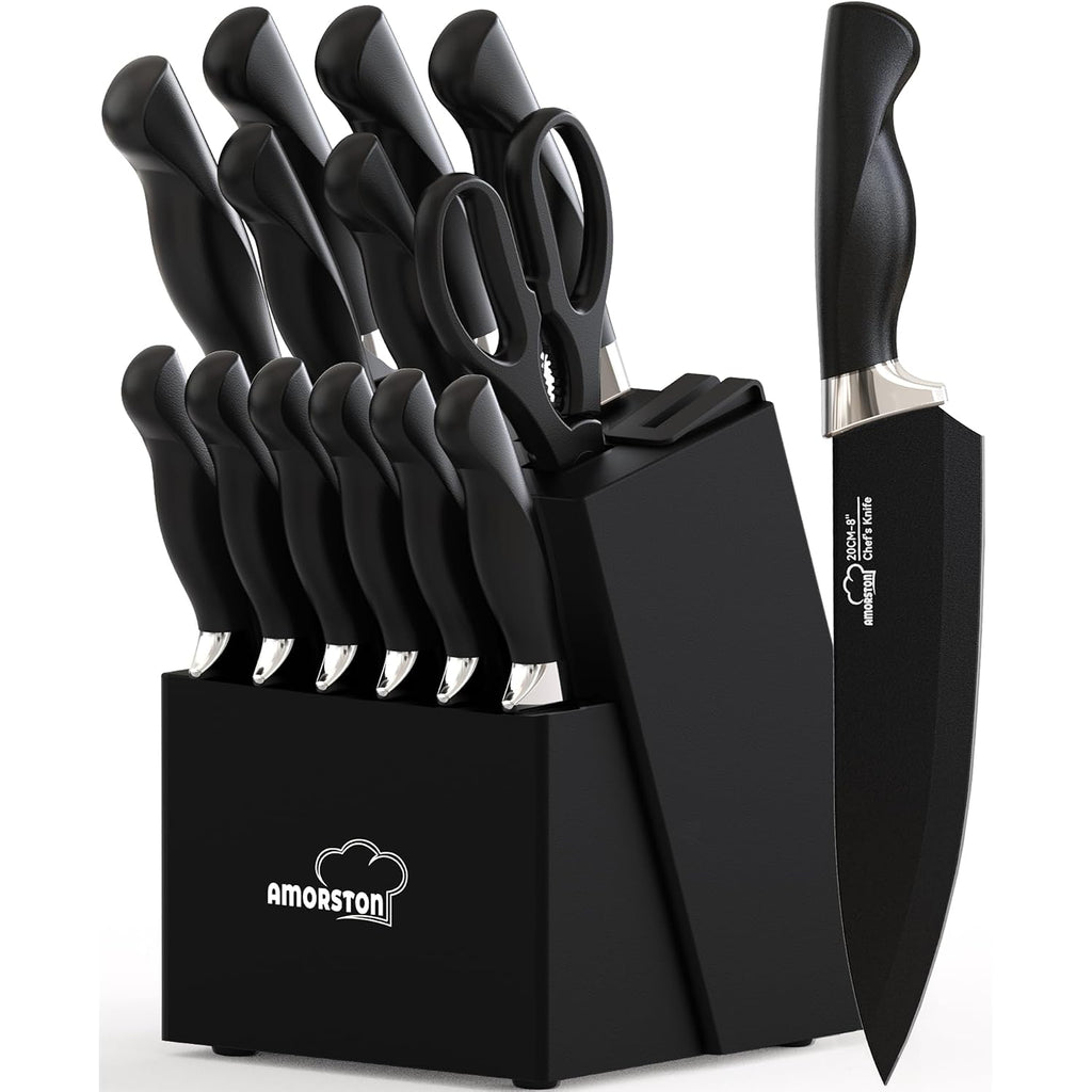 Knife Set, 15 Piece Kitchen Knife Set With Block And Built In Sharpener, German Stainless Steel Dishwasher Safe Knife Block Set, Black Kitchen Knives Set For Home Cooking