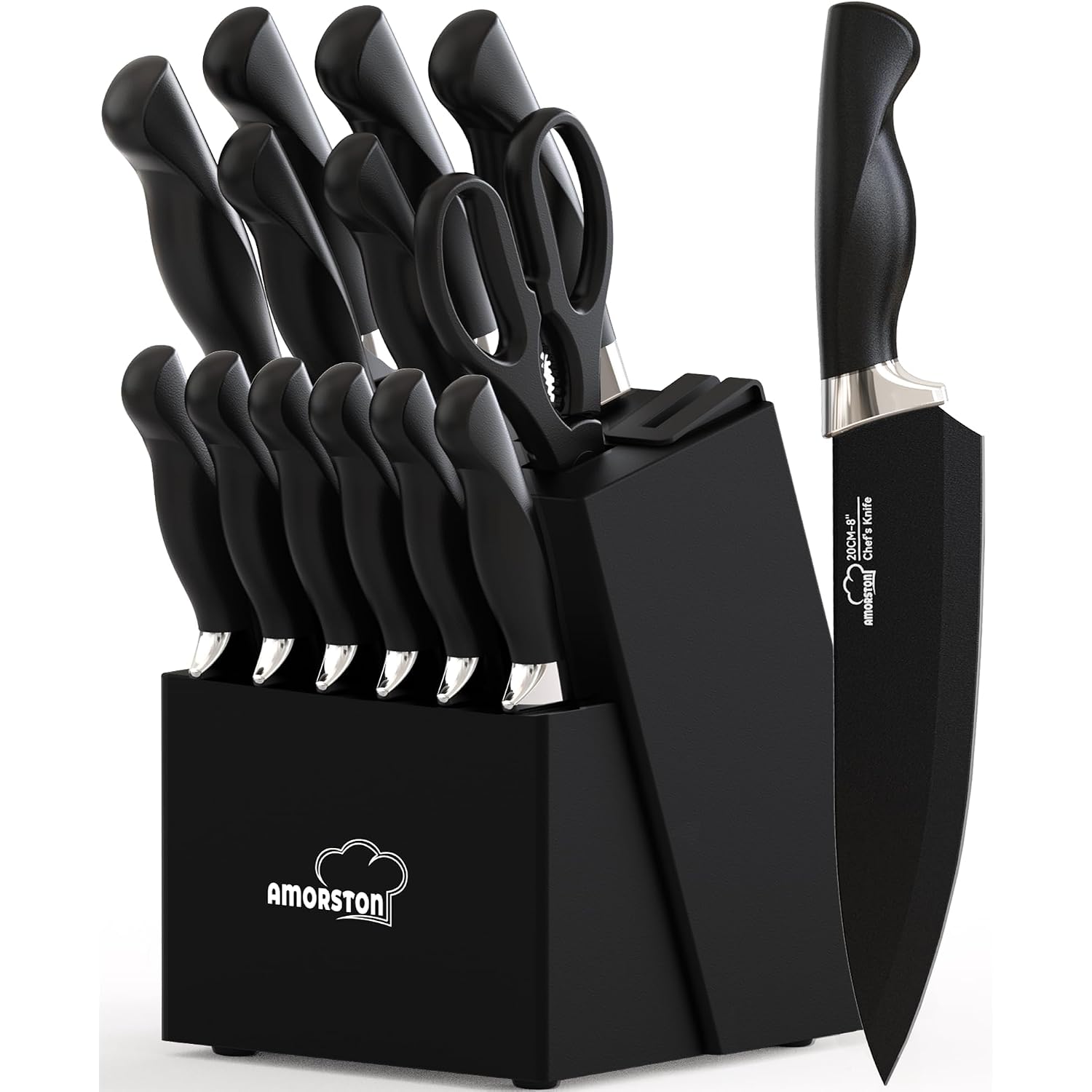 Knife Set, 15 Piece Kitchen Knife Set With Block And Built In Sharpener, German Stainless Steel Dishwasher Safe Knife Block Set, Black Kitchen Knives Set For Home Cooking