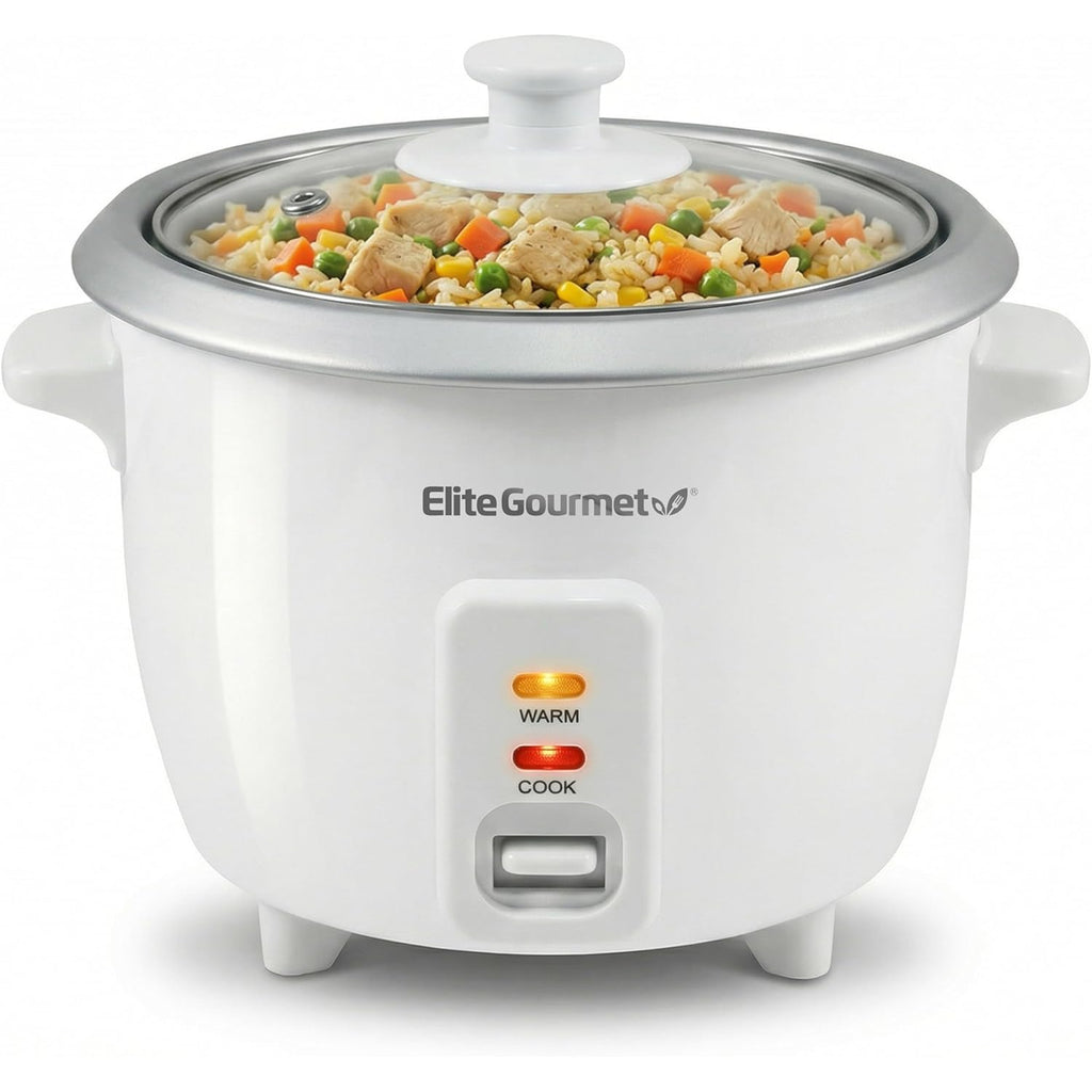 Elite Gourmet ERC-003X Electric Rice Cooker with Automatic Keep Warm Makes Soups, Stews, Grains, Hot Cereals, 6 Cups Cooked (3 Cups Uncooked), White