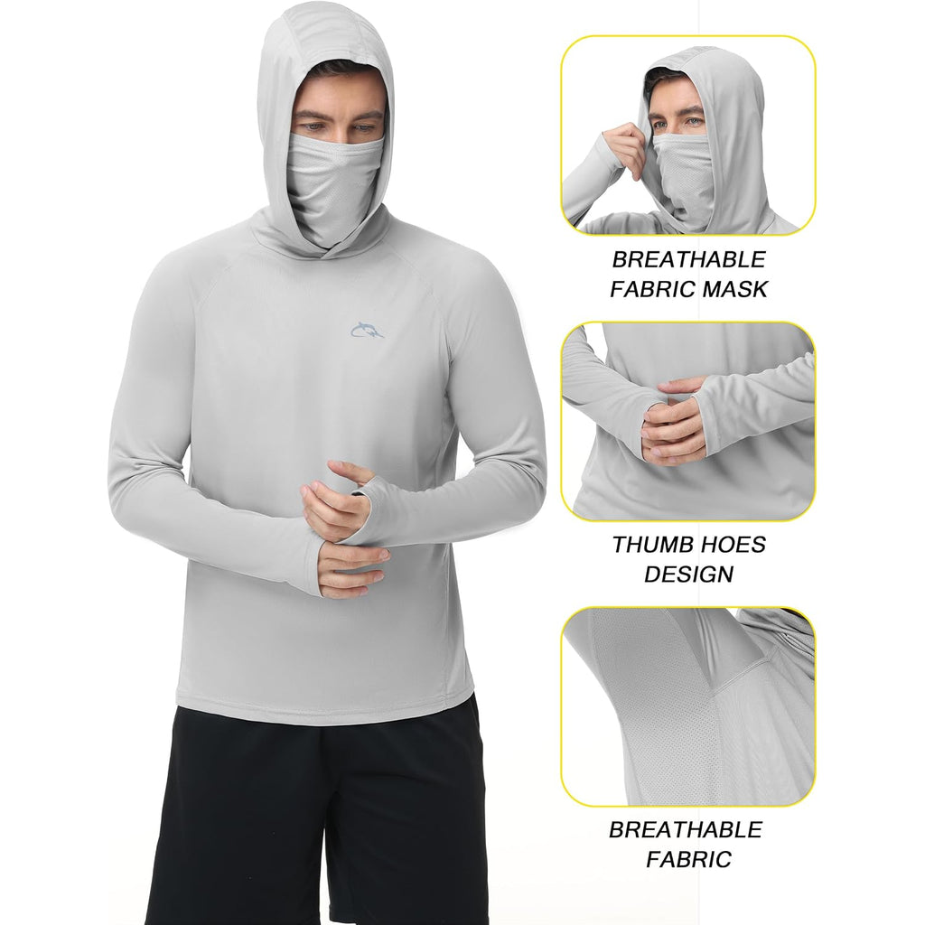 Fisheal Men'S Upf 50+ Sun Hoodie, Uv Protection Quick Dry Long Sleeve Fishing Shirts, Hooded Rash Guard Hiking With Mask