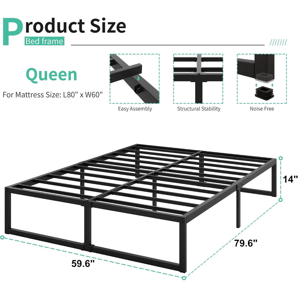 Lutown-Teen 14 Inch Queen Bed Frame With Heavy Duty Steel Slat Support