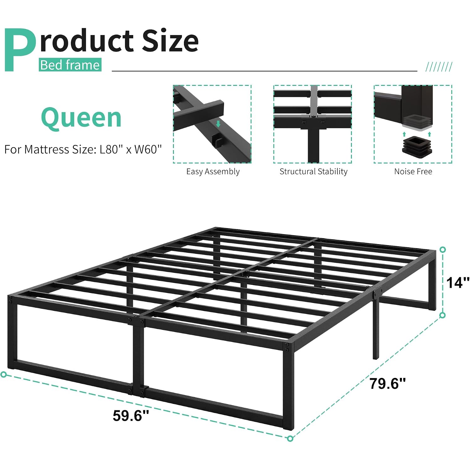 Lutown-Teen 14 Inch Queen Bed Frame With Heavy Duty Steel Slat Support