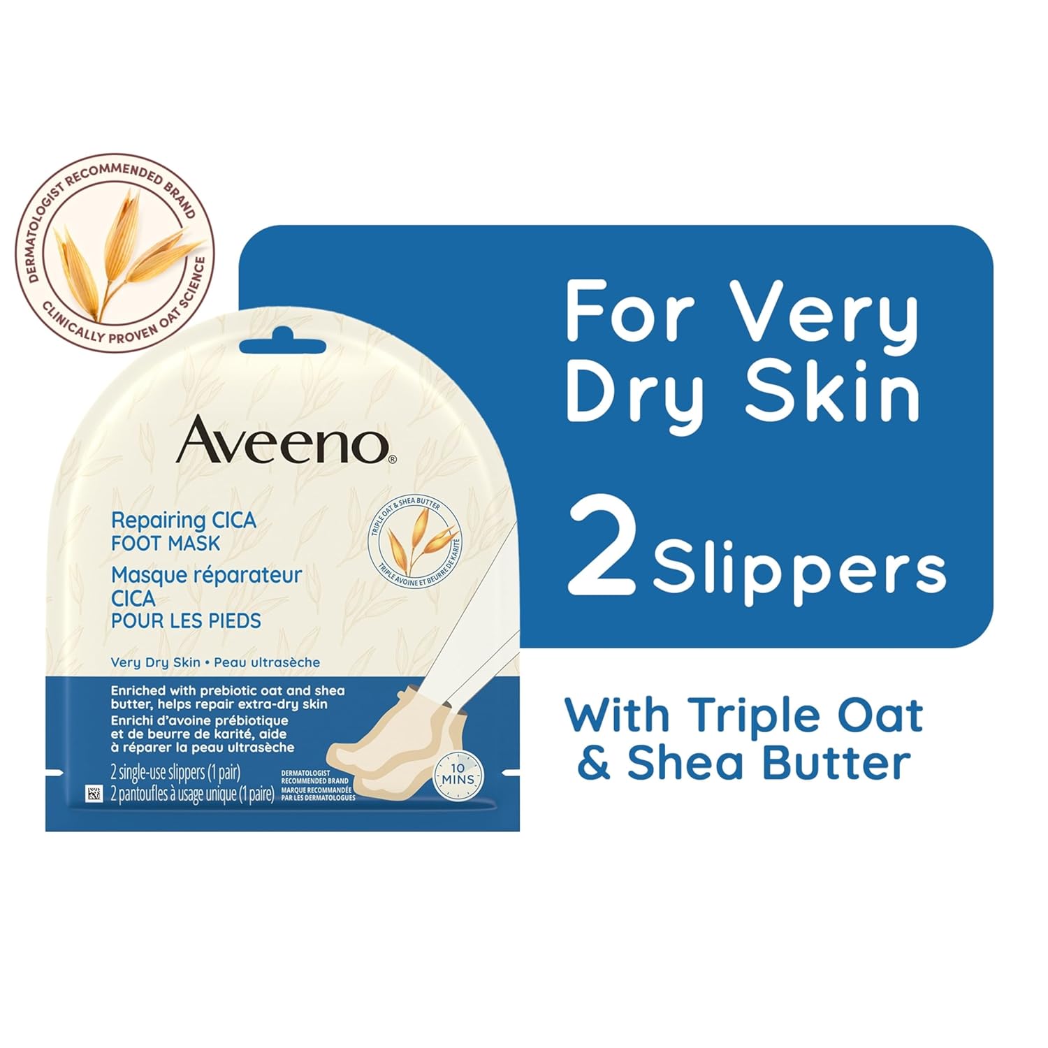 Aveeno Repairing CICA Foot Mask with Prebiotic Oat and Shea Butter, Moisturizing Foot Mask for Extra Dry Skin, 2 Single-Use Slippers 1 ea