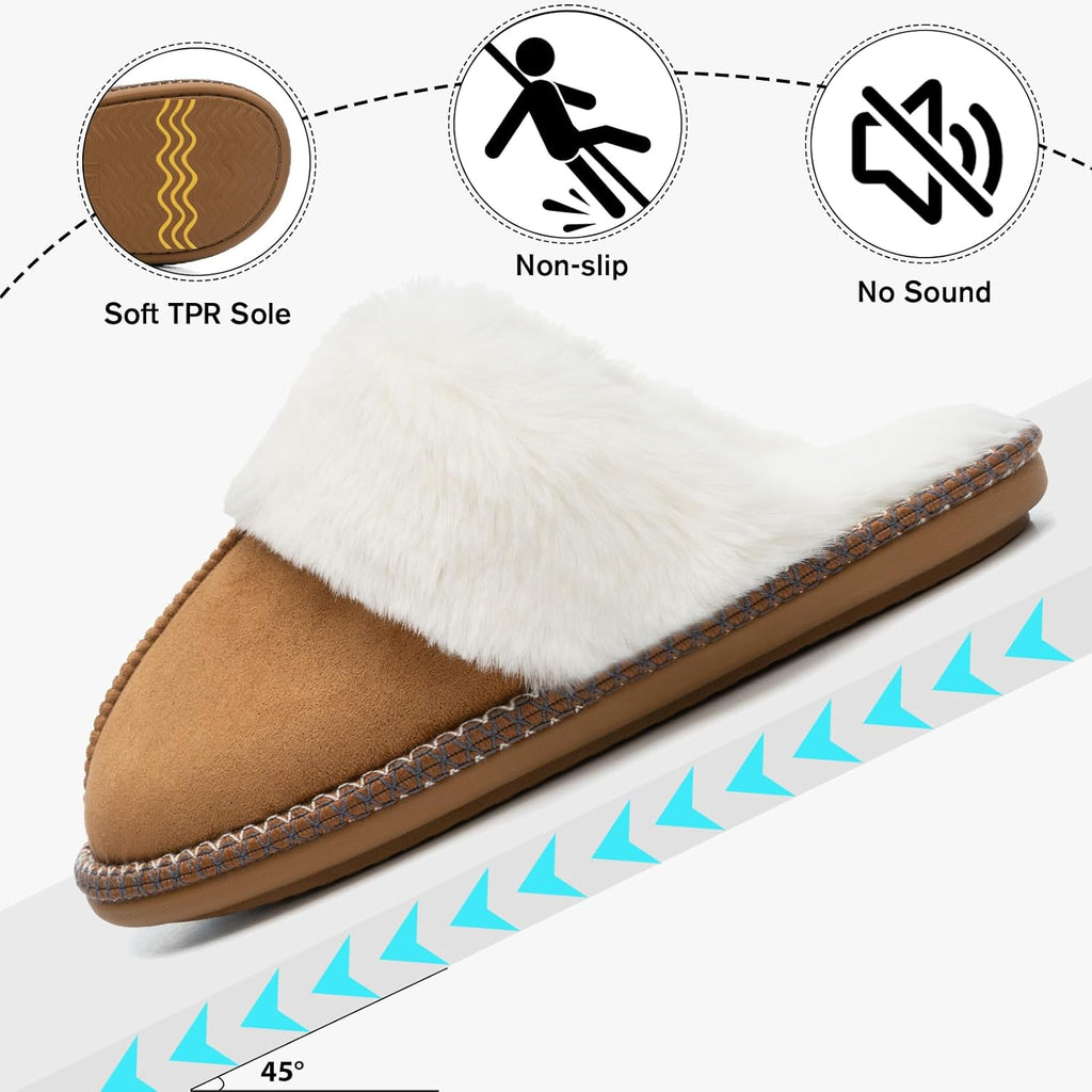 GOEWY Fuzzy Slippers for Women with Memory Foam Warm Winter Faux Fur Slippers House Shoes Indoor Outdoor Mothers Day Gifts for Women Mom Suede Anti-Skid