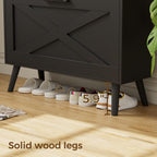 Farmhouse Shoe Storage Cabinet With Flip Drawers & Barn Door Design | Slim Narrow Shoe Rack Cabinet With Adjustable Shelves & Hidden Storage For Entryway, Foyer, Hallway, Living Room, Black