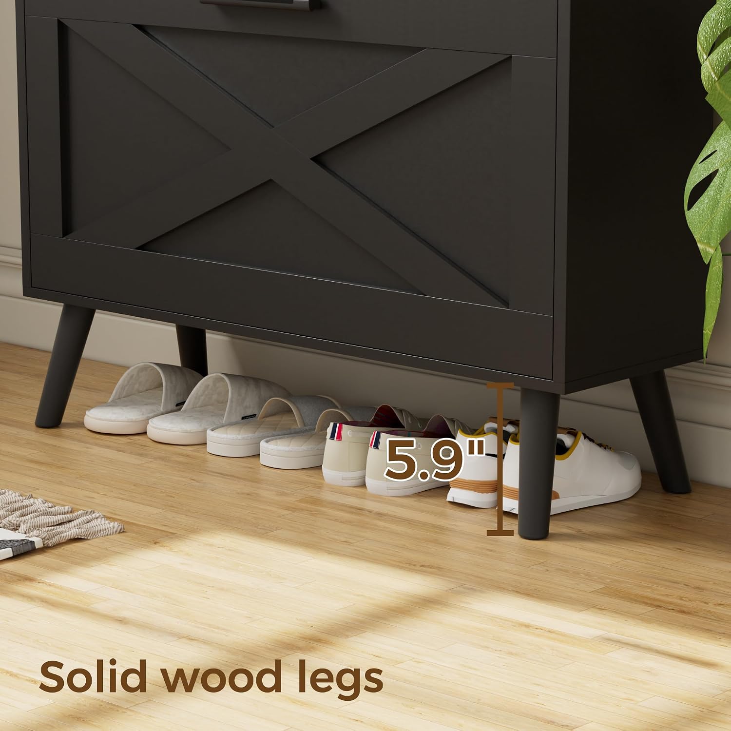 Farmhouse Shoe Storage Cabinet With Flip Drawers & Barn Door Design | Slim Narrow Shoe Rack Cabinet With Adjustable Shelves & Hidden Storage For Entryway, Foyer, Hallway, Living Room, Black