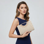 Emprier Pleated Satin Clutch For Women, Elegant Evening Bag Fits Large Smartphones, Formal Wedding Purse With Chain