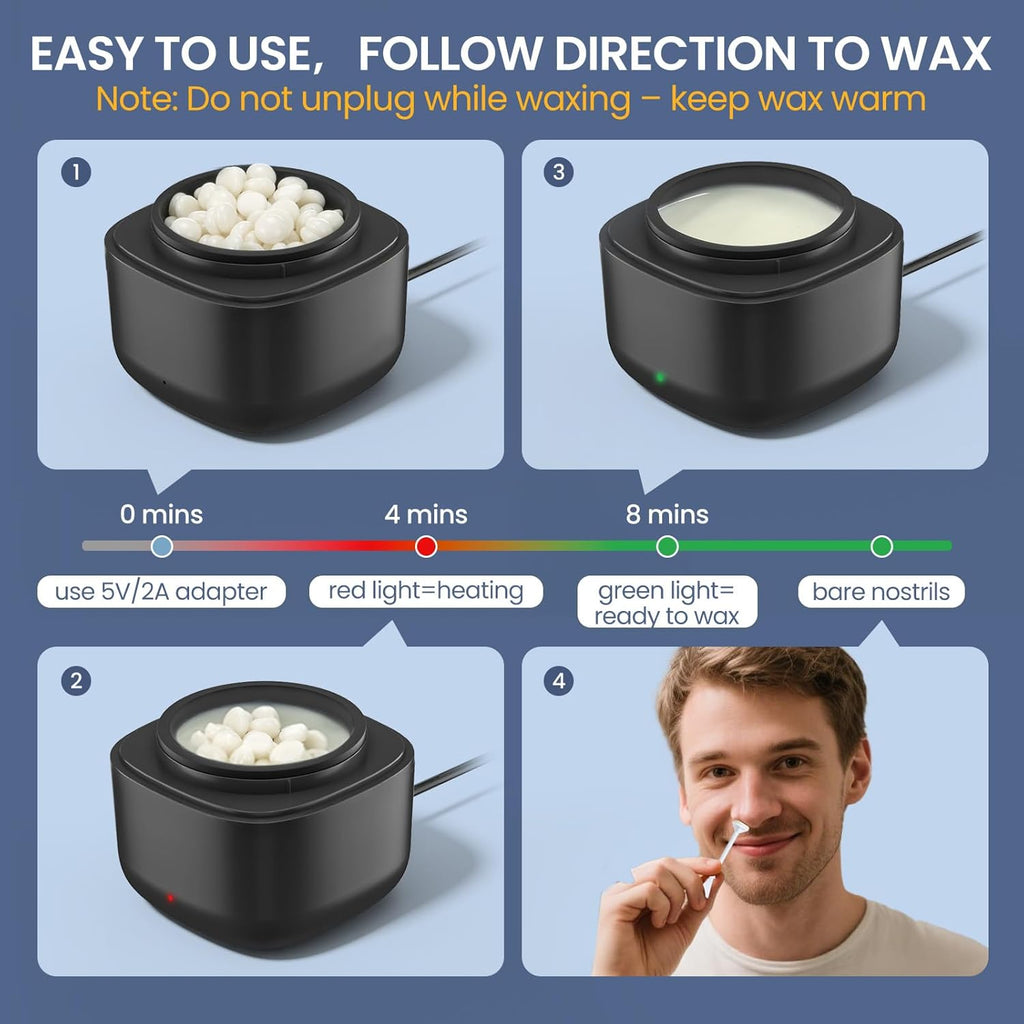 Nose Wax Kit Men, Nose Ear Hair Waxing Kit with 100g Wax, 40 Sticks, Nose Ear Hair Removal Kit, USB Fast Heat, Smart Constant Temp, Upgraded Size, Multi-Accessories, Black