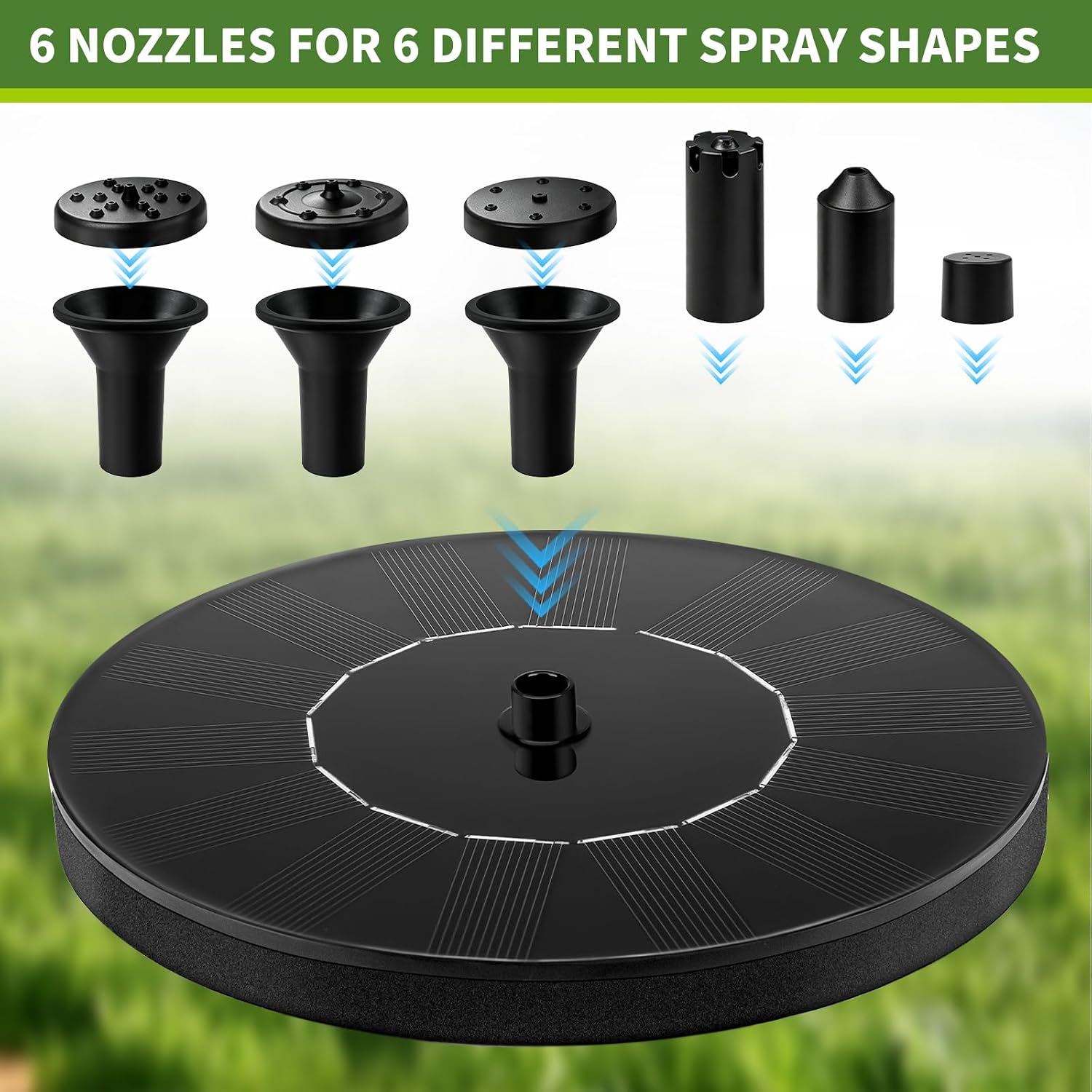 1.5W Solar Fountain, Solar Water Fountain With 6 Nozzles, Solar Water Pump Floating Fountain For Bird Bath, Pond, Garden, Pool, Fish Tank
