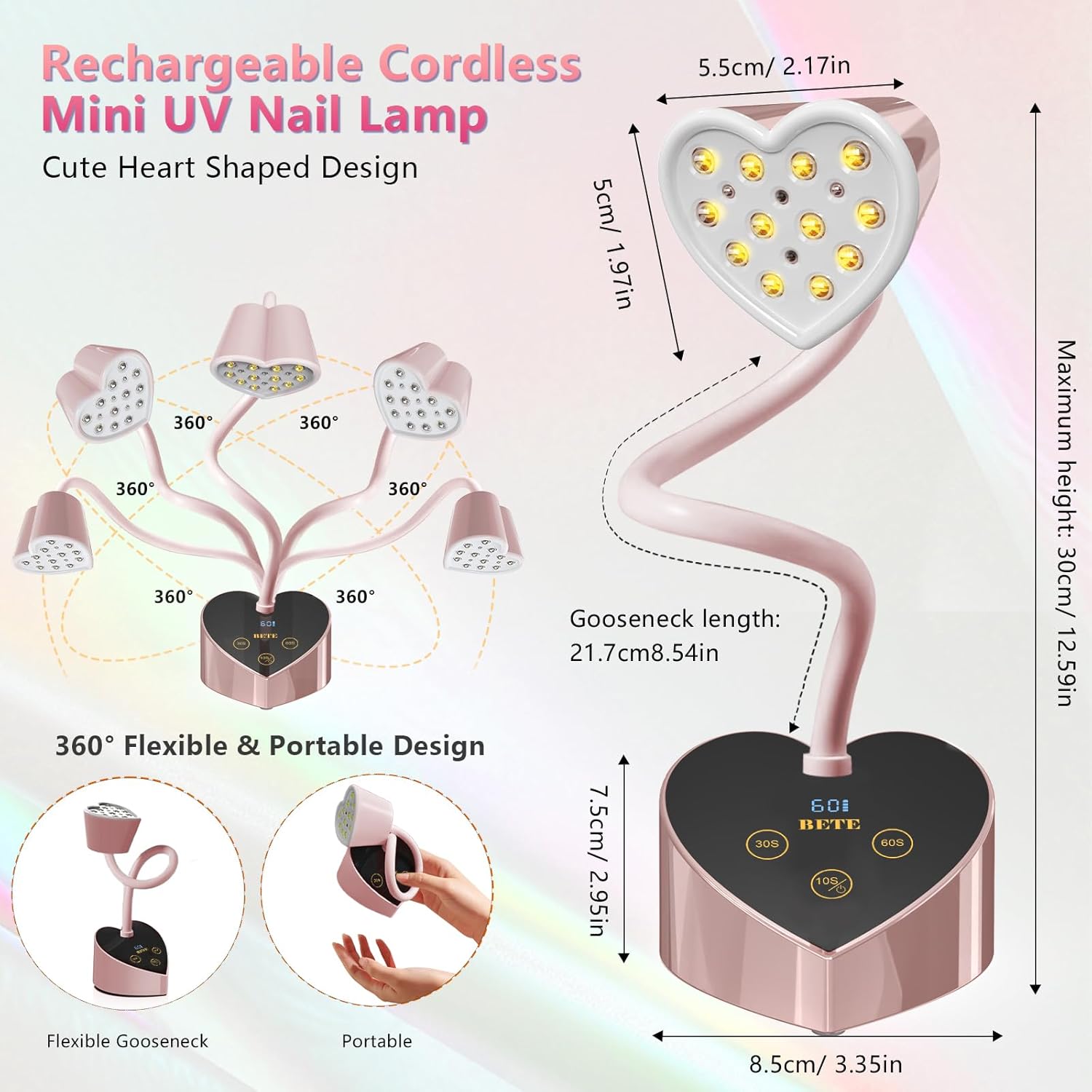 BETE Mini UV Nail Lamp Flash Cure Gel Nail Polish, 360° Foldable Gooseneck UV LED Nail Lamp with Smart Sensor, USB Portable Cordless 30W Rechargeable Nail Dryer with 3 Timers for Salon Home DIY