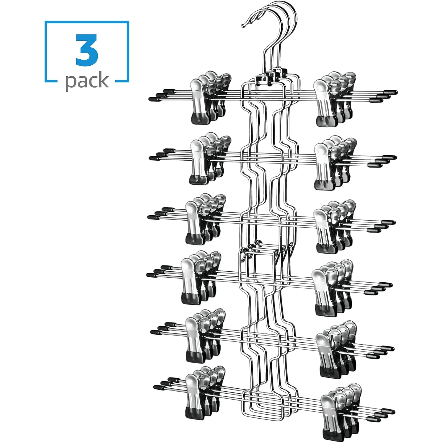 Zober 3-Pack 6-Tier Skirt Hangers With Clips - Pants Hangers With Clips Space Saving, Closet Organization, Swivel Hooks, College Dorm Essentials, Skirt Hangers For Women, Jeans Organizer For Closet