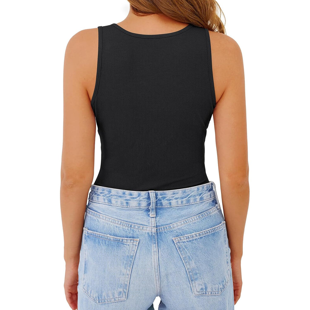 GKBK Womens Low Cut Ribbed Tank Tops Scoop Neck Sexy Casual Fitted Sleeveless Henley Racerback Summer Cami Shirts