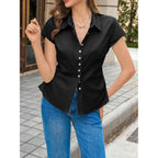 Womens Summer Button Down Shirts Short Sleeve Slim Fit Petite Ruched Cotton Blouses Cute Going Out Tops