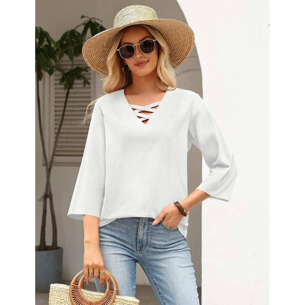 Rapbin Womens 3/4 Sleeve Tops Cotton Linen Shirts V Neck Criss Cross Tees Loose Fit Blouses Summer Fashion