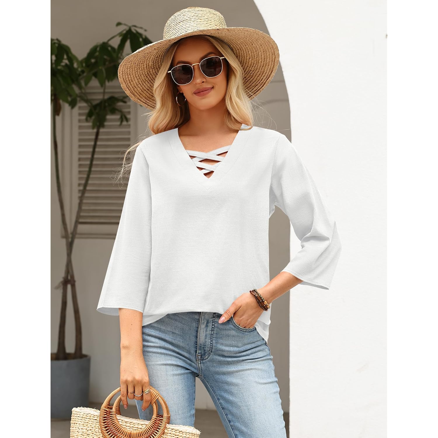 Rapbin Womens 3/4 Sleeve Tops Cotton Linen Shirts V Neck Criss Cross Tees Loose Fit Blouses Summer Fashion