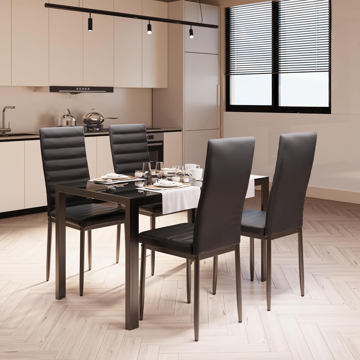 Bealife Kitchen Dining Table Set For 4, Tempered Glass 5 Piece - Black | Pu Leather Modern Dining Room Furniture, Space Saving Table And Chairs Set For Home, Kitchen, Living Room, Dining Room