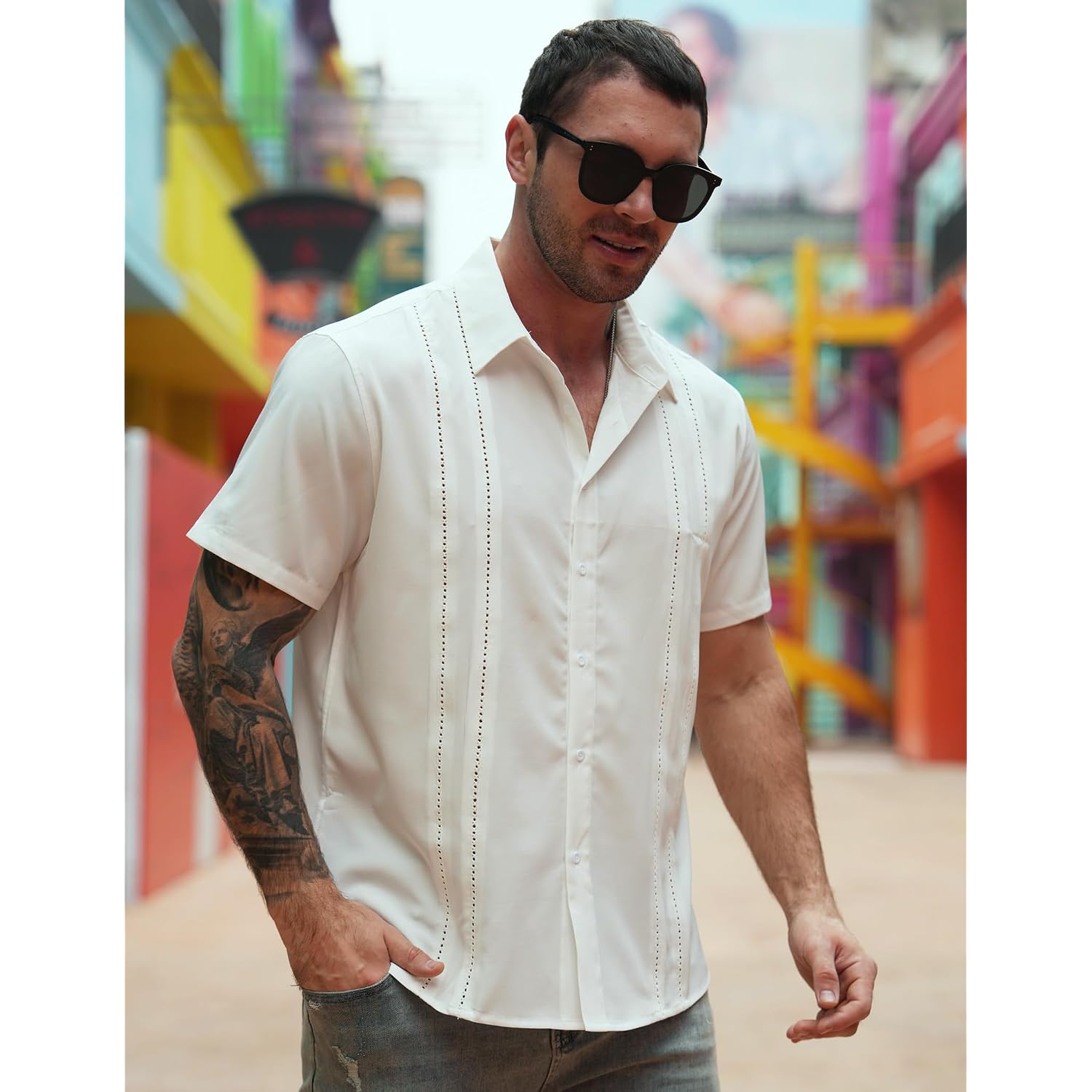 Coofandy Mens Cuban Guayabera Shirt Short Sleeve Button Down Shirts Summer Beach Vacation Shirts