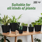 Ynnico Indoor Self Watering Planters With Drainage Holes And Saucers, 8, 7, 6.5, 6, 5.5, 5 Inches, Black, 6 Pots