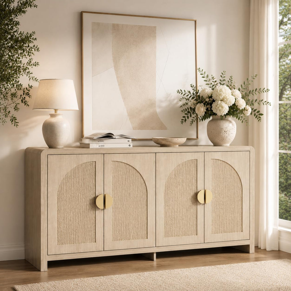 Rattan Sideboard Buffet Cabinet With Storage, 55" Accent Cabinet With Arch Doors & Adjustable Shelves, Boho Credenza Coffee Bar Console Table For Dining Room, Living Room, Entryway, Kitchen